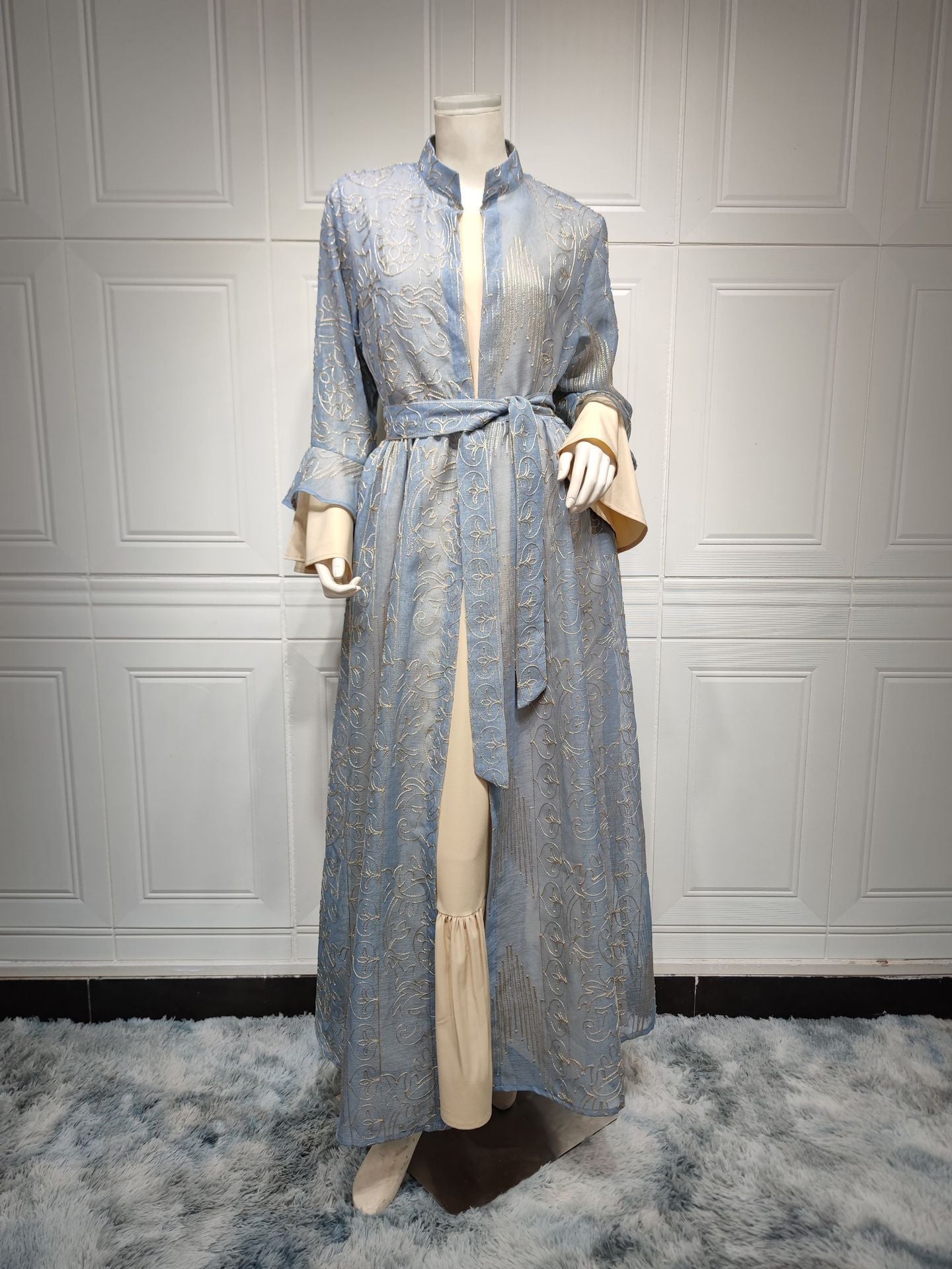 Middle Eastern Muslim Women’s Evening Cape Ruffle Sleeve Two-pieces Suit Dress - Light Blue / L - 2-pieces set