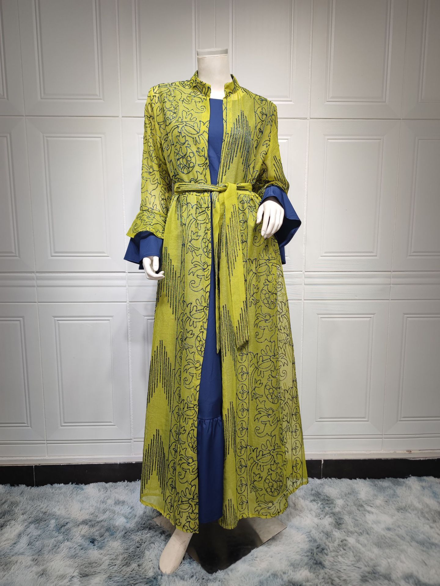 Middle Eastern Muslim Women’s Evening Cape Ruffle Sleeve Two-pieces Suit Dress - Yellow / L - 2-pieces set