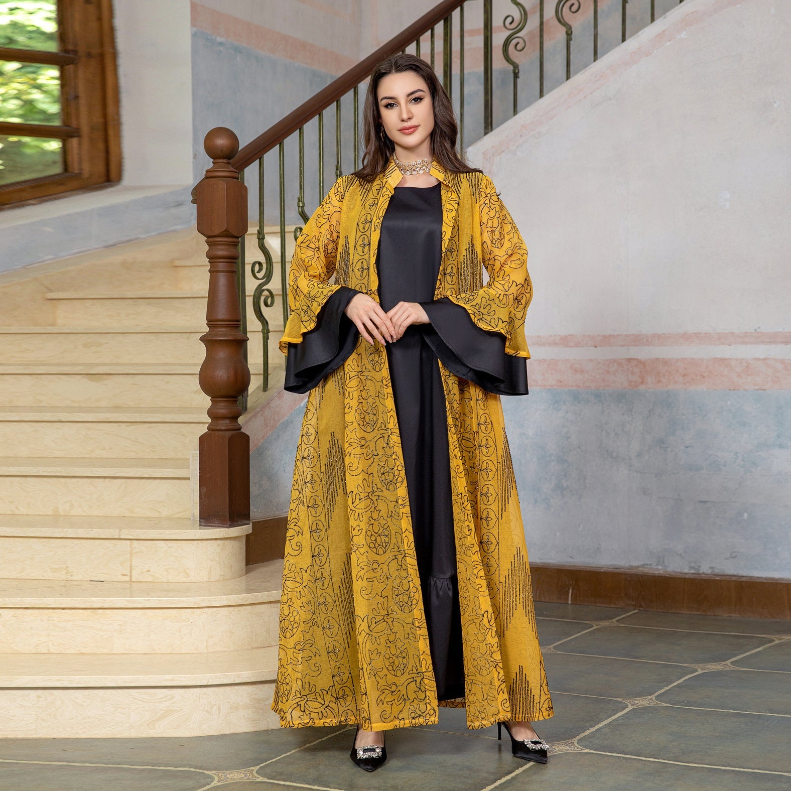 Middle Eastern Muslim Women’s Evening Cape Ruffle Sleeve Two-pieces Suit Dress - 2-pieces set