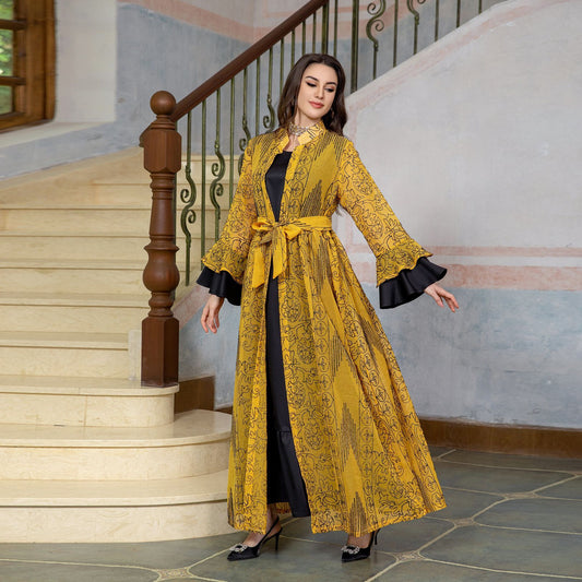 Middle Eastern Muslim Women’s Evening Cape Ruffle Sleeve Two-pieces Suit Dress - 2-pieces set