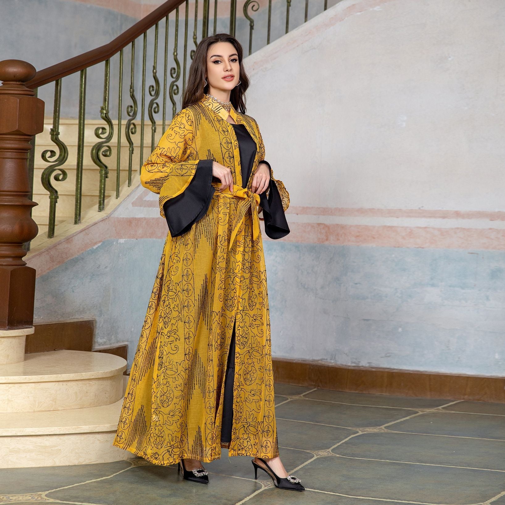 Middle Eastern Muslim Women’s Evening Cape Ruffle Sleeve Two-pieces Suit Dress - 2-pieces set