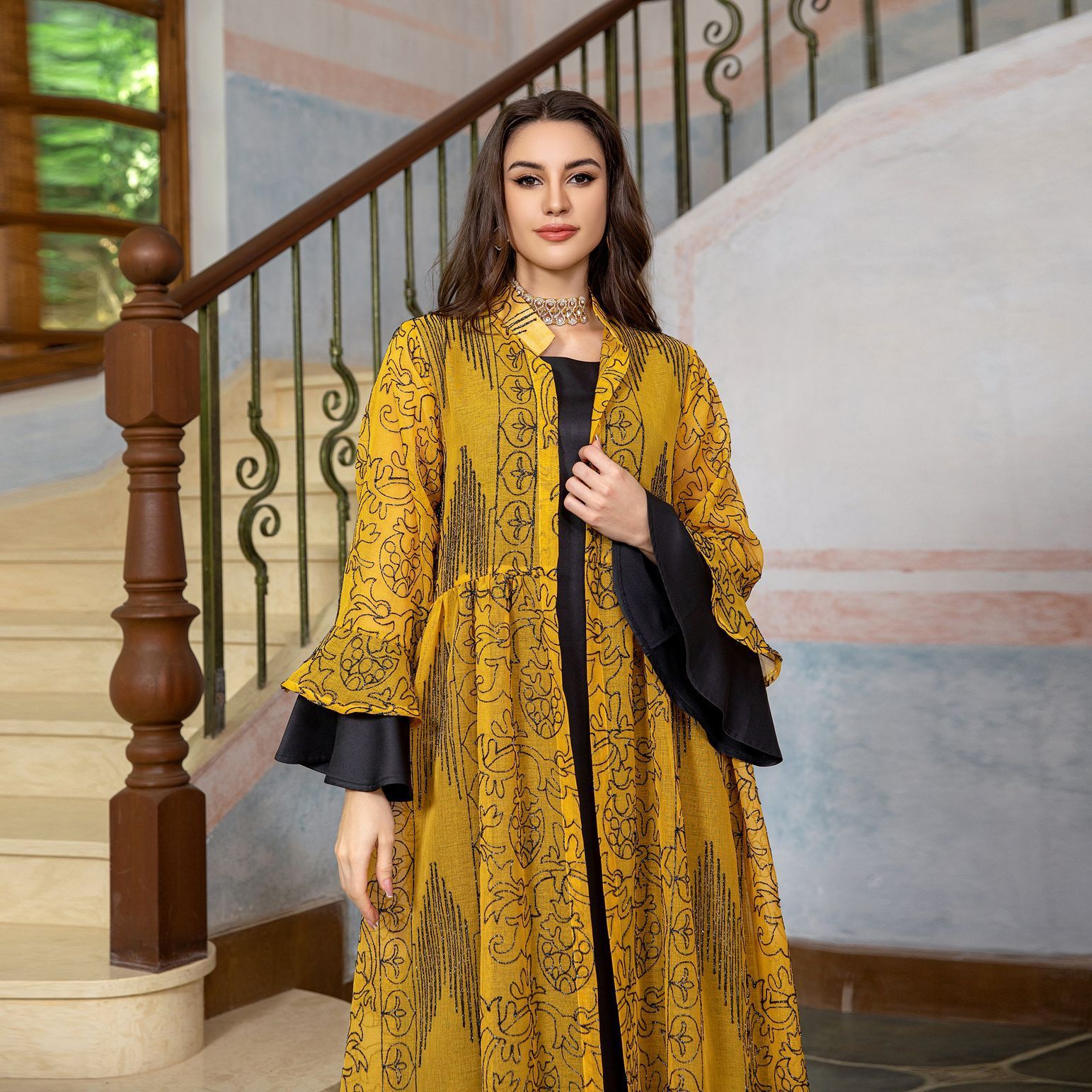 Middle Eastern Muslim Women’s Evening Cape Ruffle Sleeve Two-pieces Suit Dress - 2-pieces set