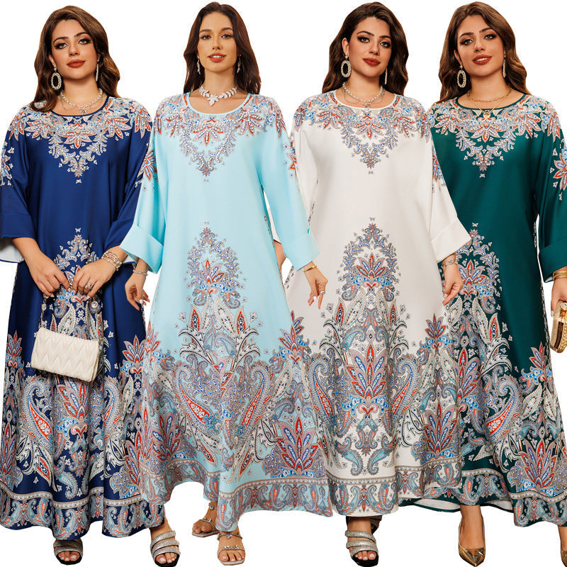 AB400 Muslim Fashion Dress printed floral ironed Diamond women’s dress Middle Eastern robe