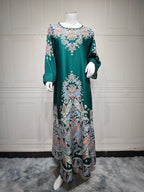 AB400 Muslim Fashion Dress printed floral ironed Diamond women’s dress Middle Eastern robe - GREEN / XL