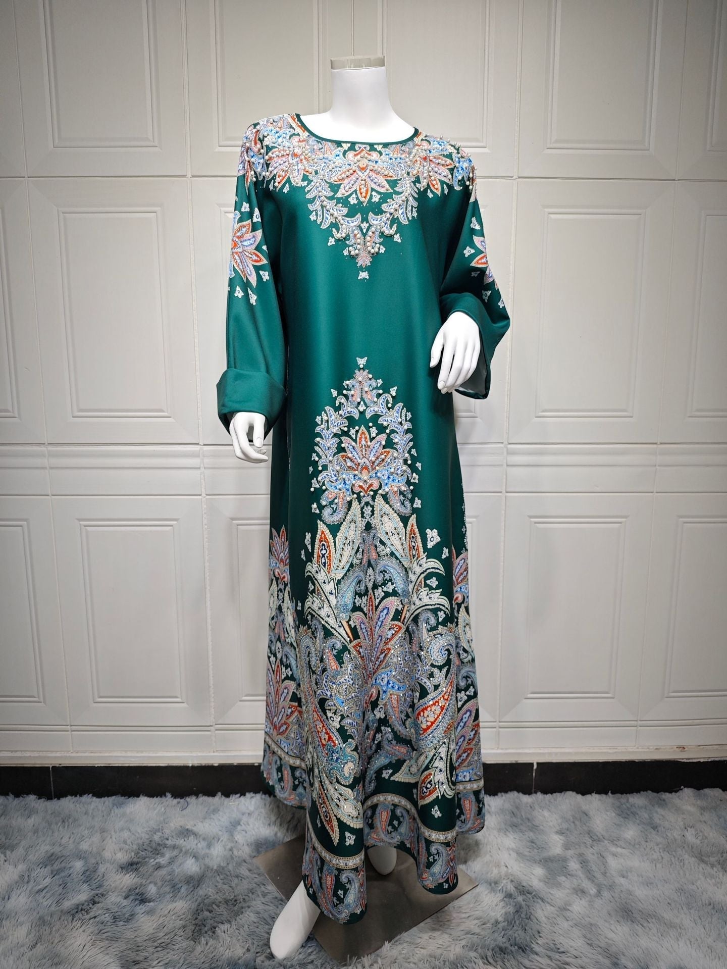 AB400 Muslim Fashion Dress printed floral ironed Diamond women’s dress Middle Eastern robe - GREEN / XL