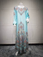 AB400 Muslim Fashion Dress printed floral ironed Diamond women’s dress Middle Eastern robe - light green / M