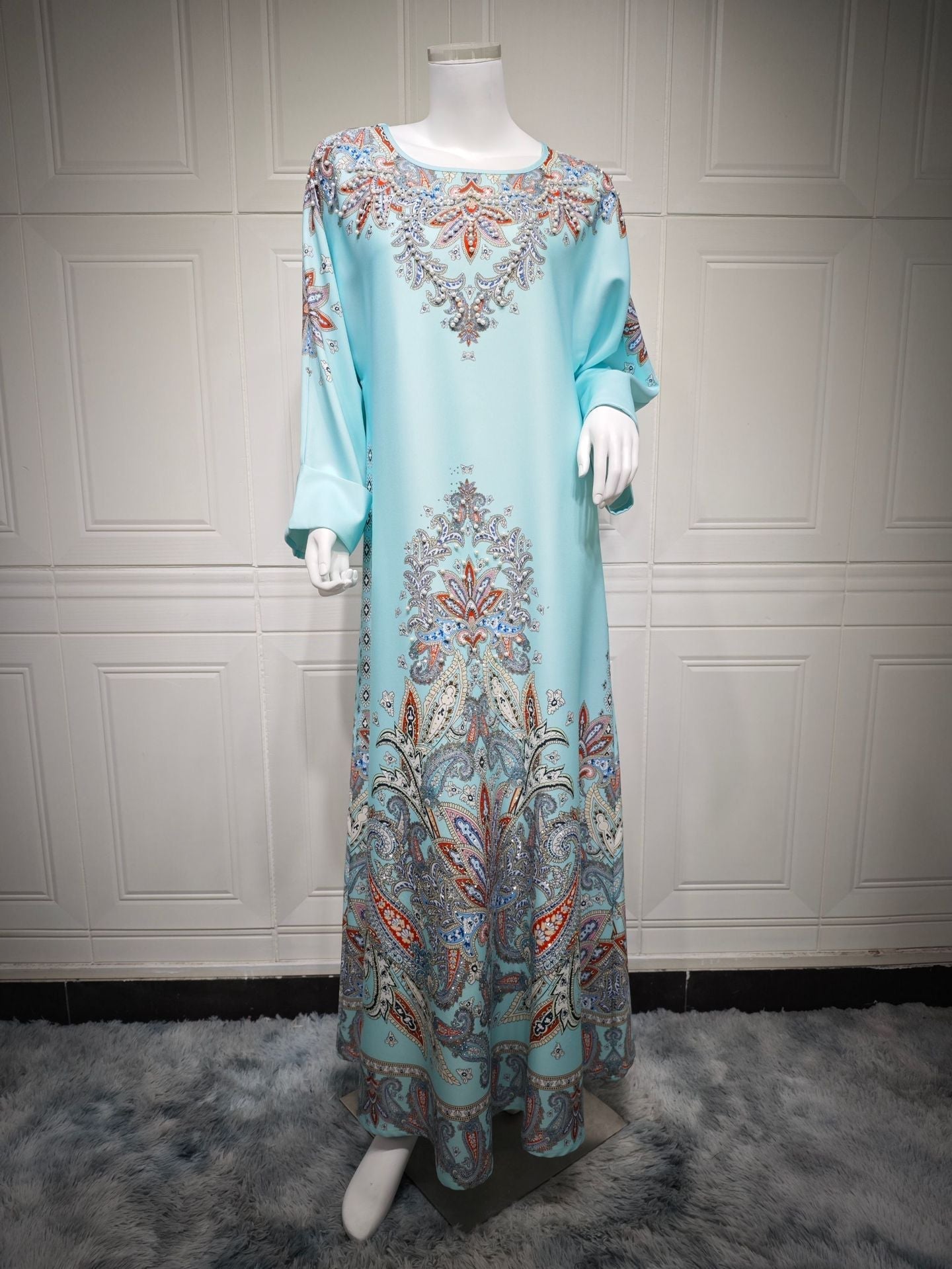 AB400 Muslim Fashion Dress printed floral ironed Diamond women’s dress Middle Eastern robe - light green / M