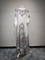 AB400 Muslim Fashion Dress printed floral ironed Diamond women’s dress Middle Eastern robe - white / L