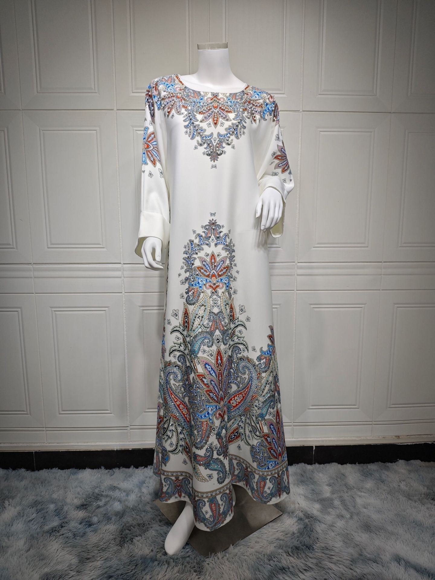 AB400 Muslim Fashion Dress printed floral ironed Diamond women’s dress Middle Eastern robe - white / L