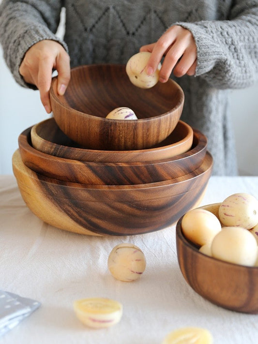 Natural Wooden Bowl Sustainable Household Fruit Bowl Salad Bowl for Home & Restaurant Wooden Kitchen Utensils - Wooden