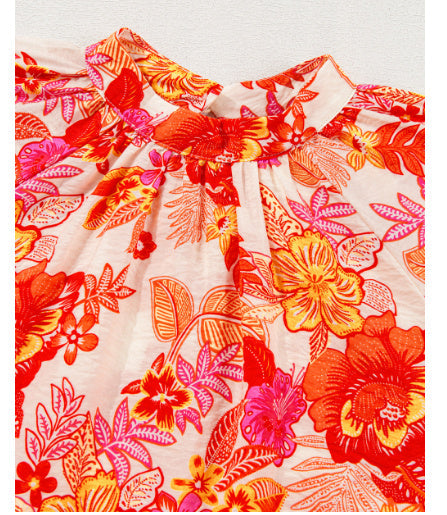 Orange Floral Prined Puff Sleeve Blouse