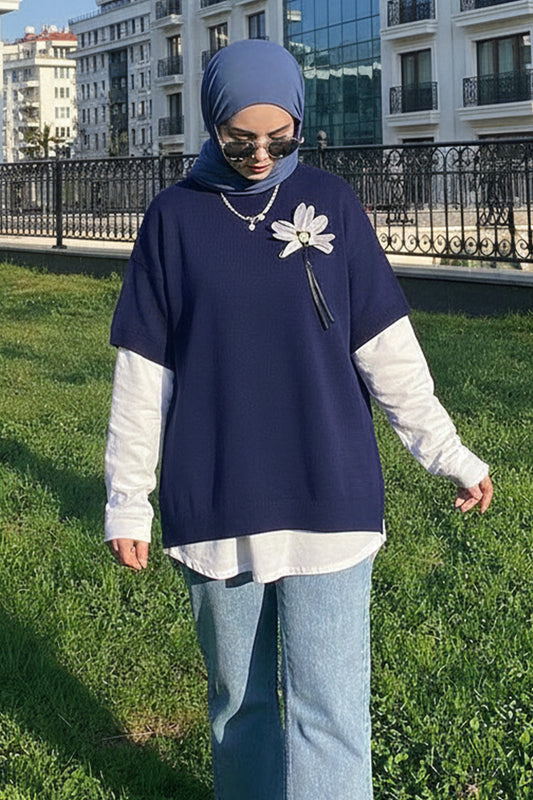 Oversized Ribbed Knit Sweater | Navy Blue – NEOMODEST product image 1