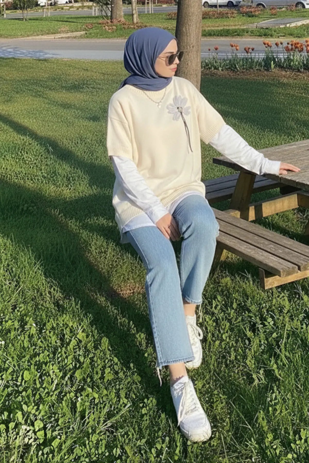 Oversized Ribbed Knit Sweater | Beige – NEOMODEST product image 3