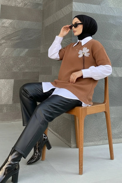 Oversized Ribbed Knit Sweater | Brown – NEOMODEST product image 3