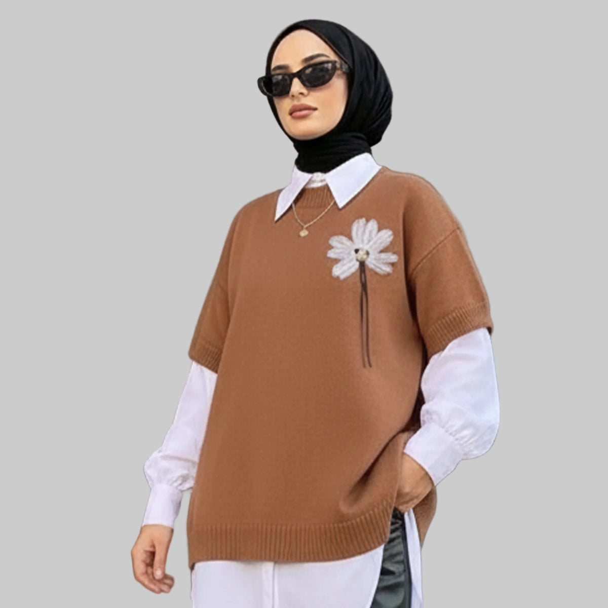 Oversized Ribbed Knit Sweater | Brown – NEOMODEST product image 1