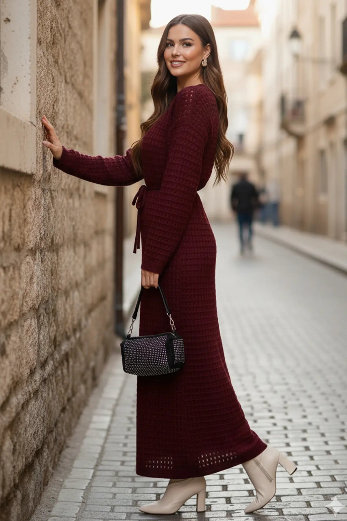 Palm Tree Mesh Knit Dress | Claret Red – NEOMODEST product image 3