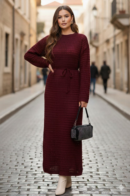 Palm Tree Mesh Knit Dress | Claret Red – NEOMODEST product image 1