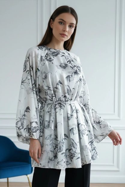 Patterned Balloon Sleeve Chiffon Shirt – NEOMODEST product image 5