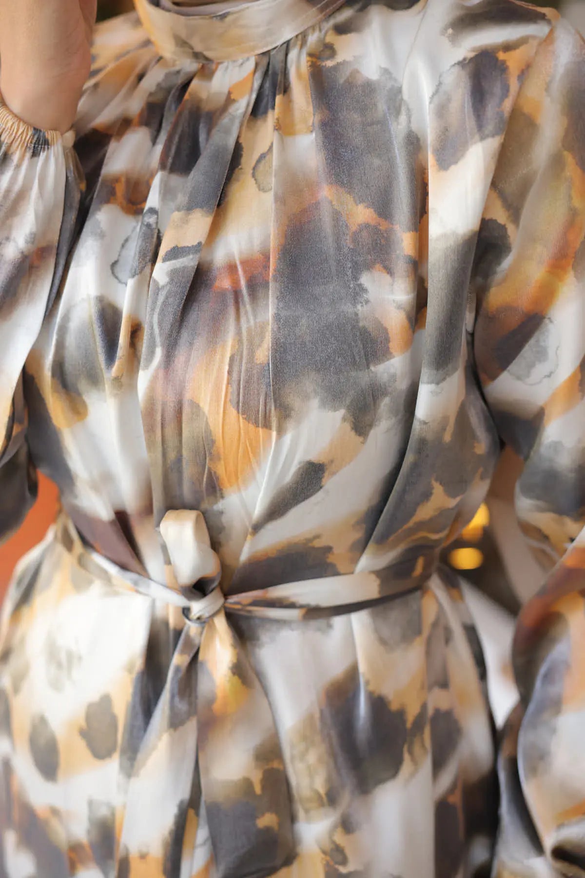 Patterned Dress With Sash Detail | Mustard – NEOMODEST product image 3