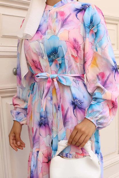 Patterned Hijab Dress | Blue – NEOMODEST product image 3
