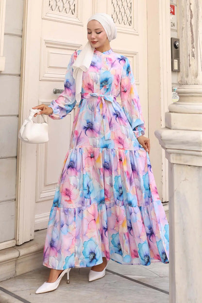 Patterned Hijab Dress | Blue – NEOMODEST product image 4