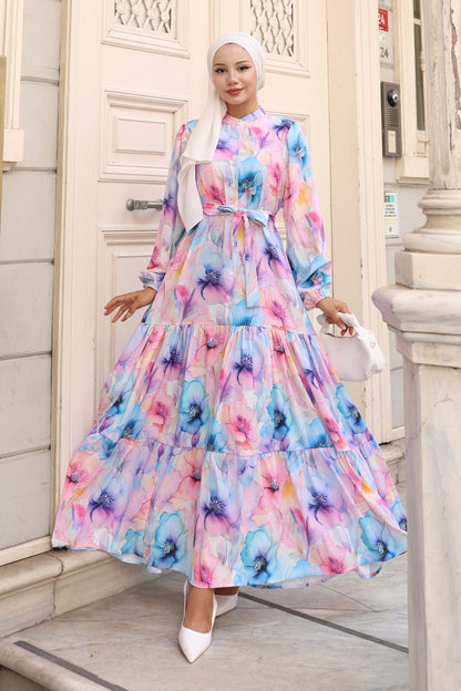 Patterned Hijab Dress | Blue – NEOMODEST product image 1