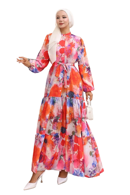 Floral Patterned Modest Hijab Dress-Orange