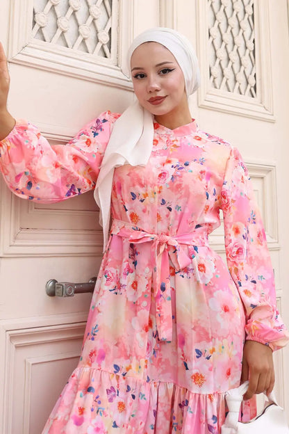 Patterned Hijab Dress | Pink – NEOMODEST product image 2