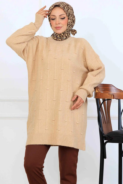 Patterned Knit Tunic | Beige – NEOMODEST product image 2