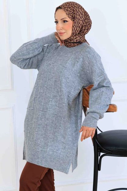 Patterned Knit Tunic | Grey – NEOMODEST, image 3