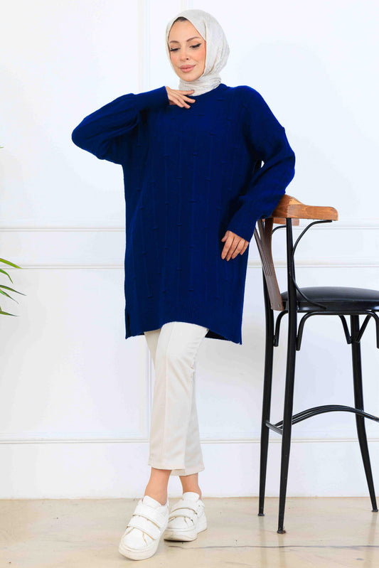 Patterned Knit Tunic | Navy Blue – NEOMODEST, image 1
