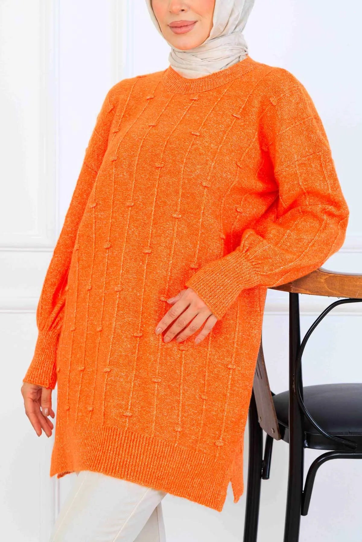 Patterned Knit Tunic | Orange – NEOMODEST, image 2