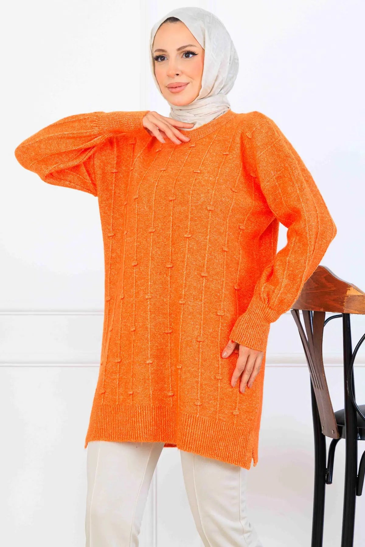 Patterned Knit Tunic | Orange – NEOMODEST, image 3