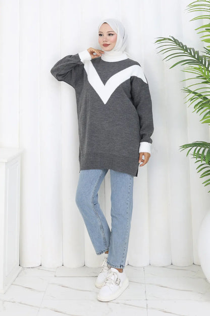 Patterned Knit Tunic in Grey – NEOMODEST, image 3