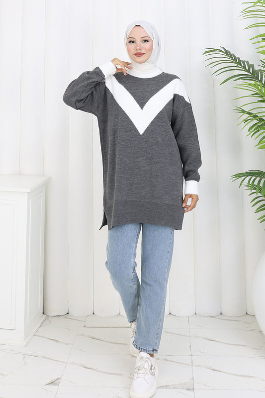Patterned Knit Tunic in Grey – NEOMODEST, image 1