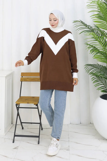 Patterned Knit Tunic in Brown – NEOMODEST, image 3