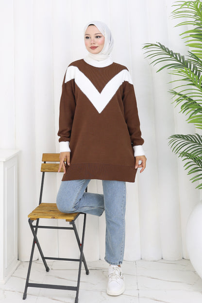 Patterned Knit Tunic in Brown – NEOMODEST, image 1