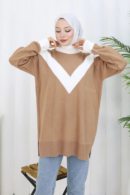Patterned Knit Tunic in Camel – NEOMODEST, image 3