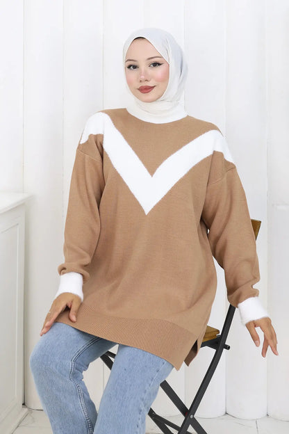 Patterned Knit Tunic in Camel – NEOMODEST, image 4