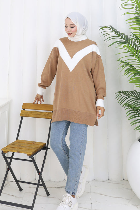 Patterned Knit Tunic in Camel – NEOMODEST, image 1