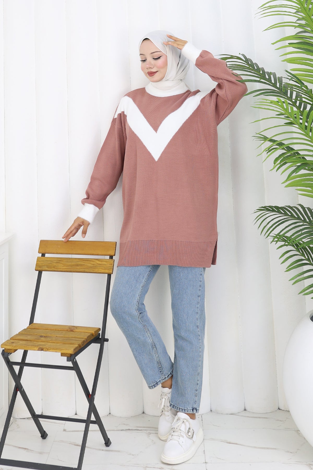 Patterned Knit Tunic in Rose – NEOMODEST, image 1
