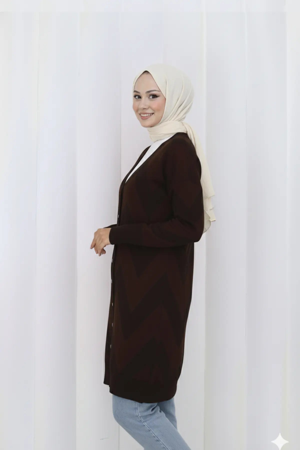 Patterned long mercerized cardigan by NEOMODEST, product view 2