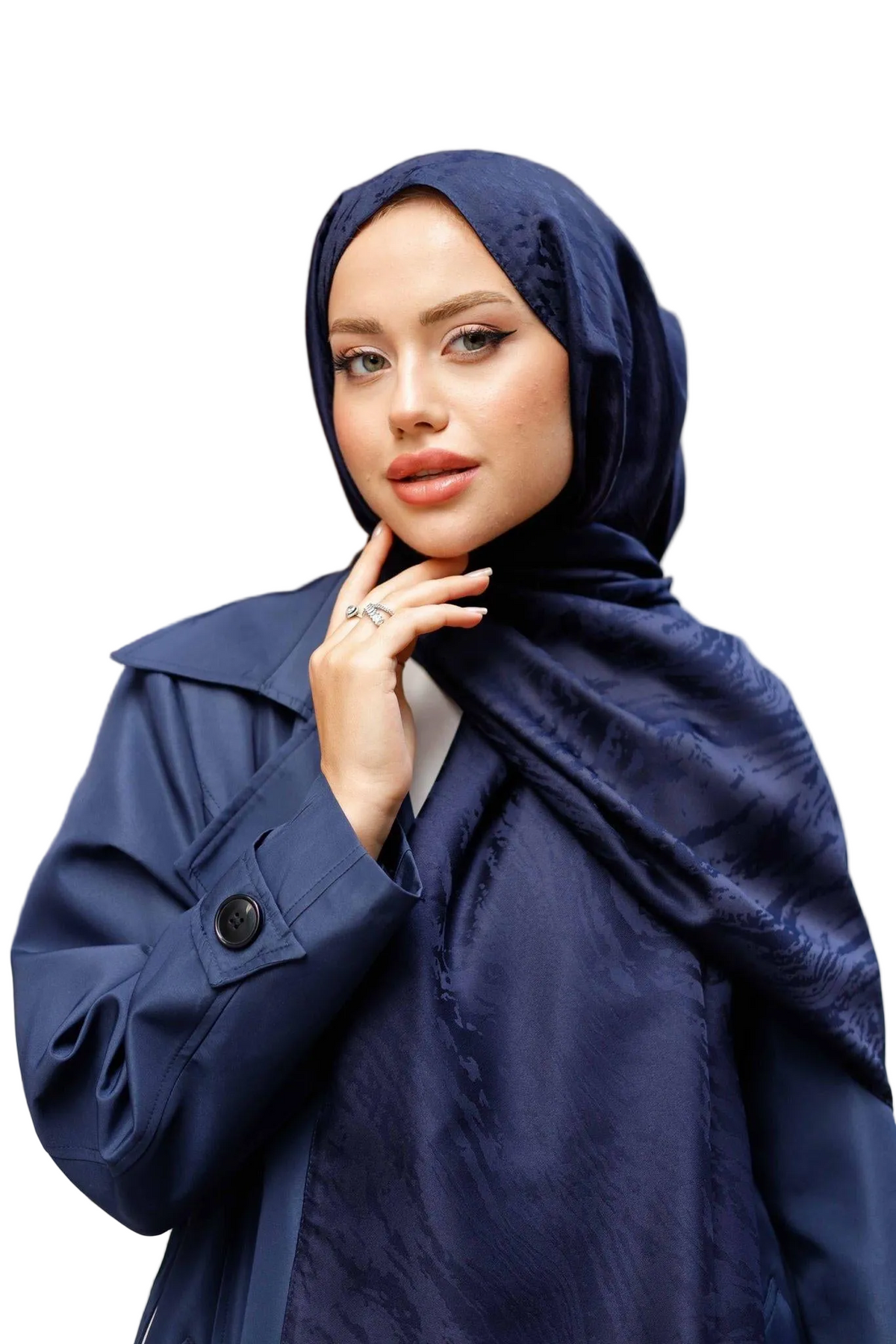 Patterned Silky Jacquard Shawl-Navy