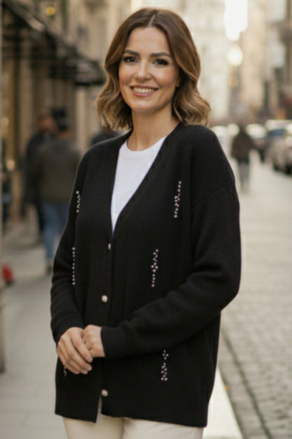 Pearl Detailed Knit Cardigan | Black – NEOMODEST product image 1