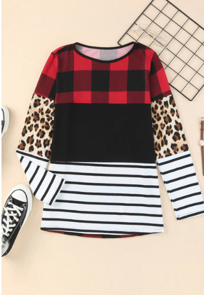 Plaid Print Leopard Blouse Striped Colour Block Long Sleeve Top - Black / 2XL - Blouse