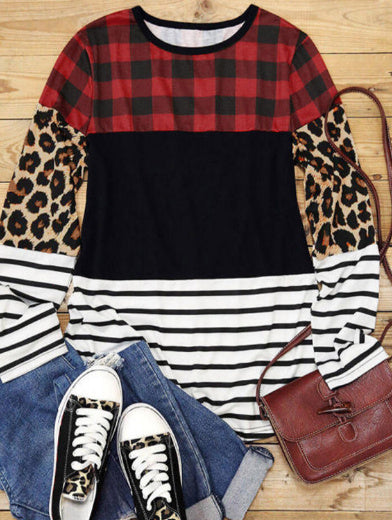 Plaid Print Leopard Blouse Striped Colour Block Long Sleeve Top - Blouse