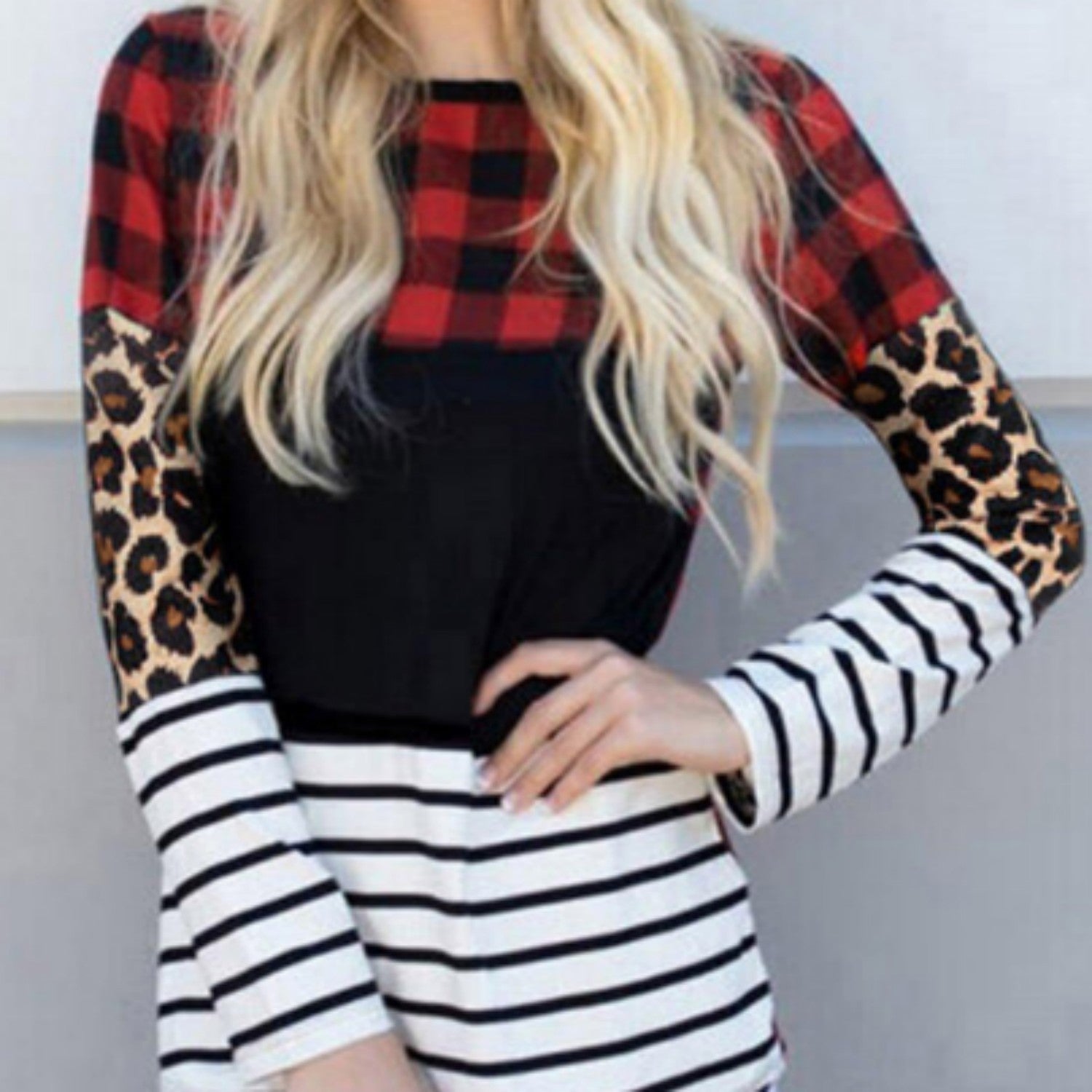 Plaid Print Leopard Blouse Striped Colour Block Long Sleeve Top - Blouse