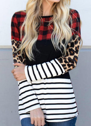 Plaid Print Leopard Blouse Striped Colour Block Long Sleeve Top - Blouse