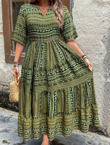 Plus Size All Over Print Tiered Dress - Mixed Color / 2XL - Dress