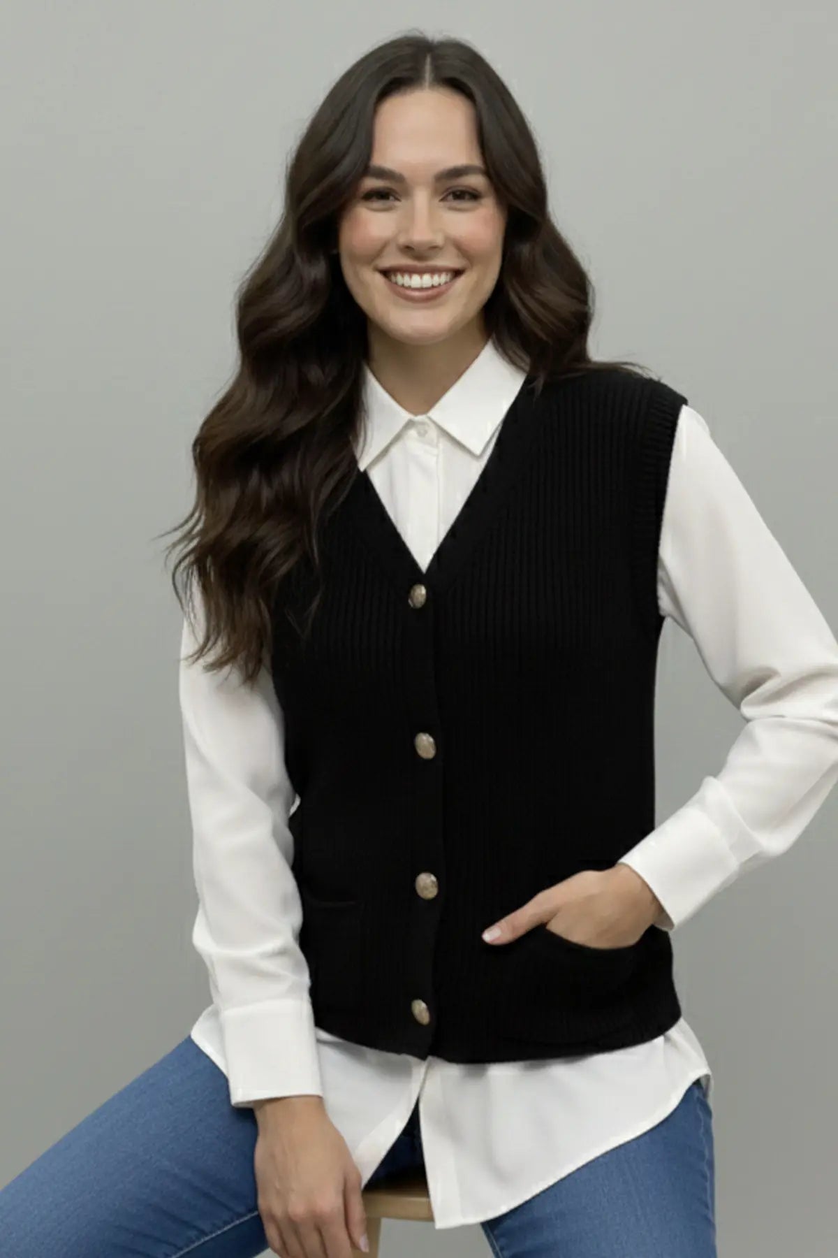 Pocket Knit Vest | Black – NEOMODEST product image 2